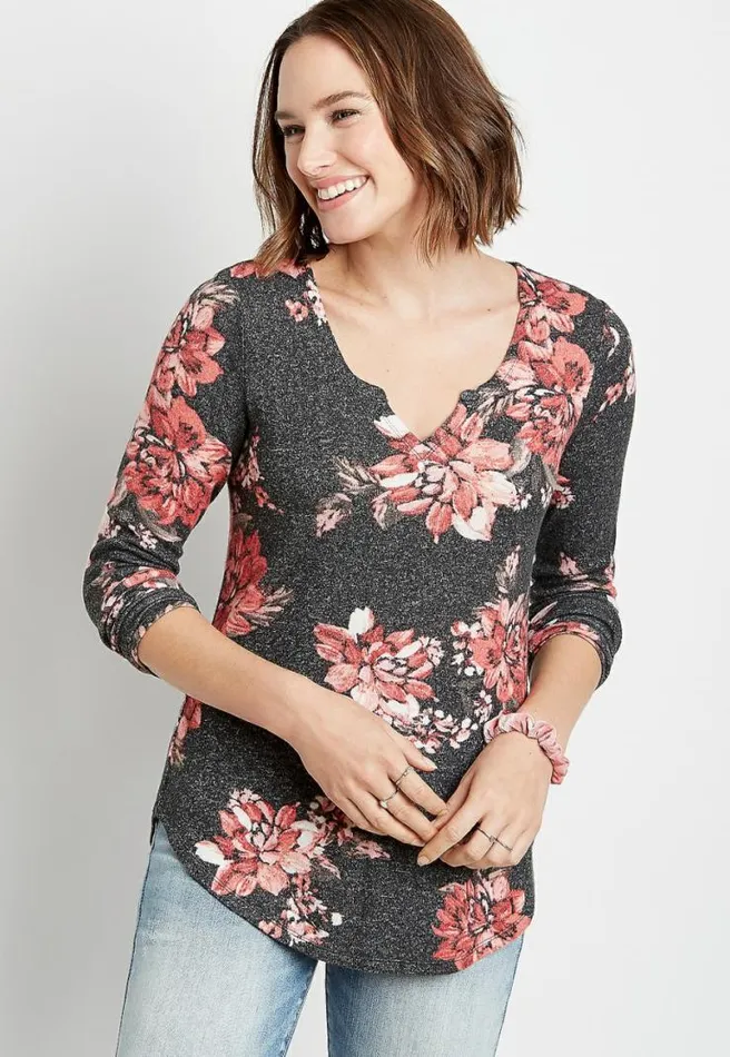 247 Black Floral Split Neck Cozy Tee Women Maurices Tops