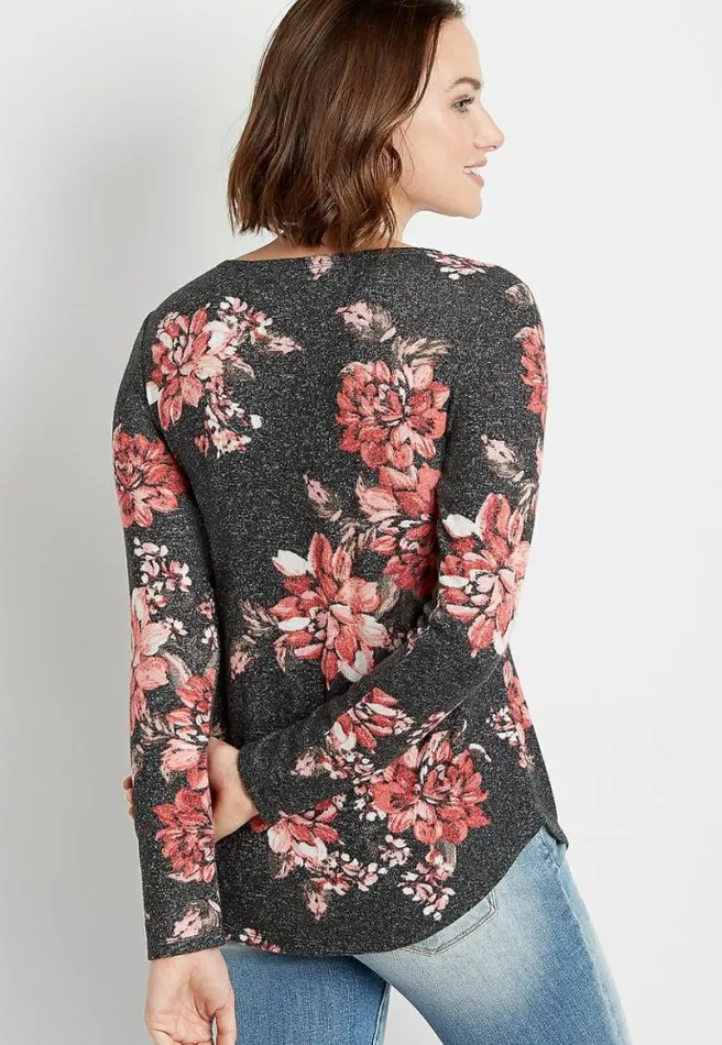247 Black Floral Split Neck Cozy Tee Women Maurices Tops
