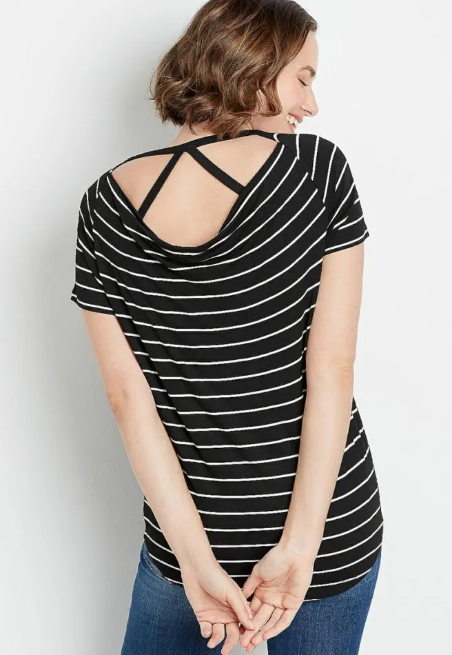 247 Black Striped Cowl Back Tee Women Maurices Tops