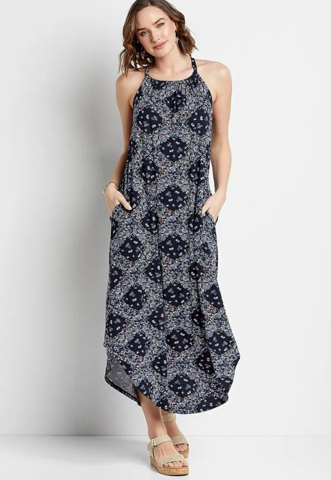 247 Blue Printed Halter Neck Maxi Dress Women Maurices Dresses and Jumpsuits