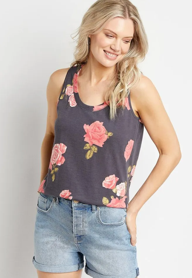 247 Gray Floral Scoop Neck Classic Tank Top Women Maurices Tops