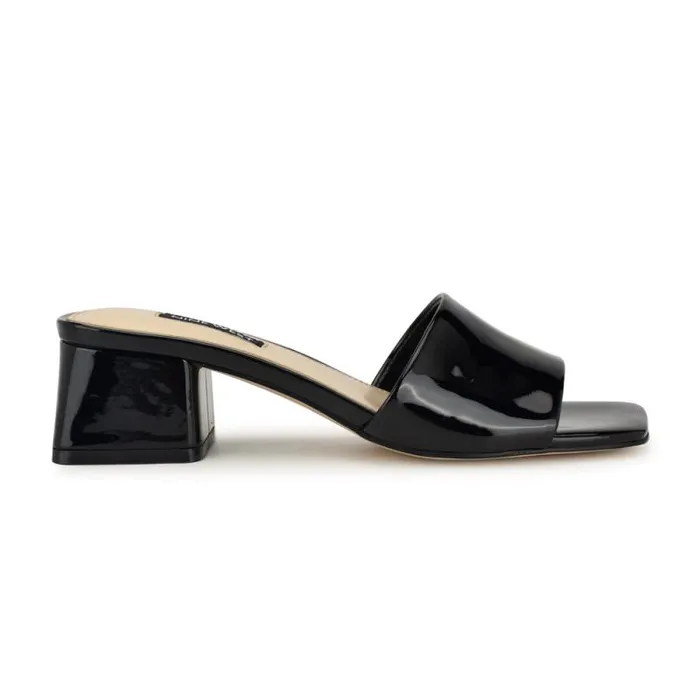 Bamsy Block Heel Slide Sandals Black Patent Women Nine West Heels