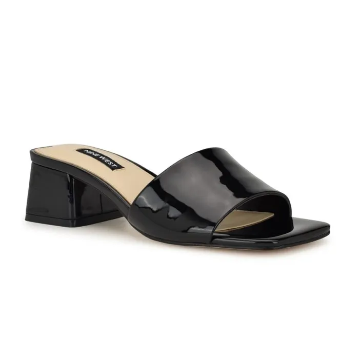 Bamsy Block Heel Slide Sandals Black Patent Women Nine West Heels Bamsy Block Heel Slide Sandals Black Patent Women Nine West Heels