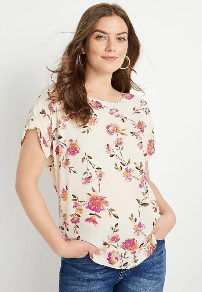 Beige Floral Zipper Back Blouse Women Maurices Tops