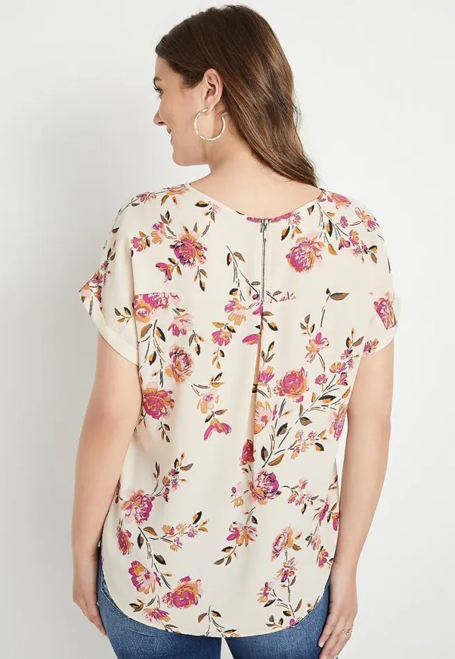 Beige Floral Zipper Back Blouse Women Maurices Tops