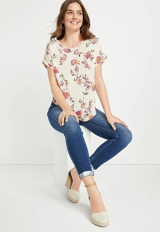 Beige Floral Zipper Back Blouse Women Maurices Tops