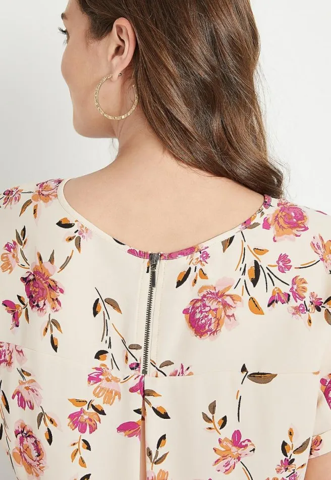 Beige Floral Zipper Back Blouse Women Maurices Tops