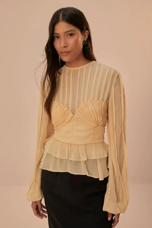 Beige Pleated Bust Blouse Women FARM Rio Blouses