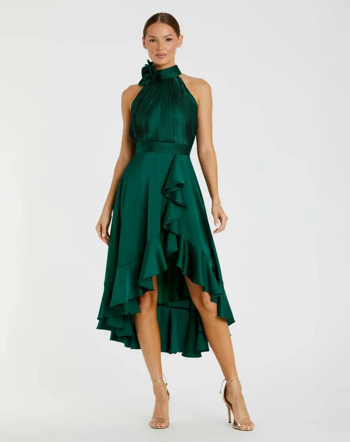 Best Sellers Green Halter Neck Flower Detail Ruffled Midi Dress Emerald 8211 Mac Duggal Women Best Sellers Green Halter Neck Flower Detail Ruffled Midi Dress Emerald 8211 Mac Duggal Women
