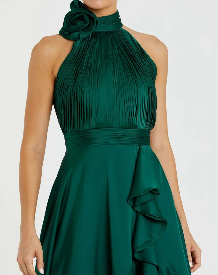 Best Sellers Green Halter Neck Flower Detail Ruffled Midi Dress Emerald 8211 Mac Duggal Women