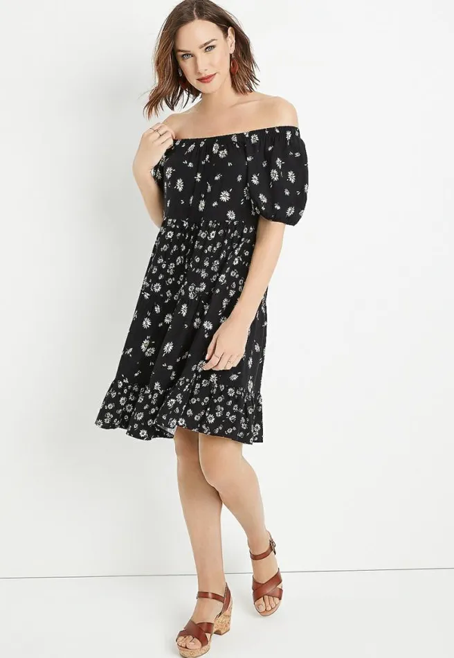 Black Daisy Off The Shoulder Babydoll Dress Women Maurices Dresses and Jumpsuits