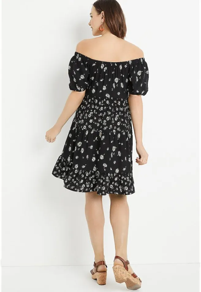 Black Daisy Off The Shoulder Babydoll Dress Women Maurices Dresses and Jumpsuits