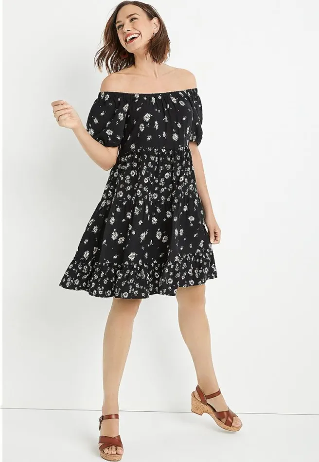 Black Daisy Off The Shoulder Babydoll Dress Women Maurices Dresses and Jumpsuits