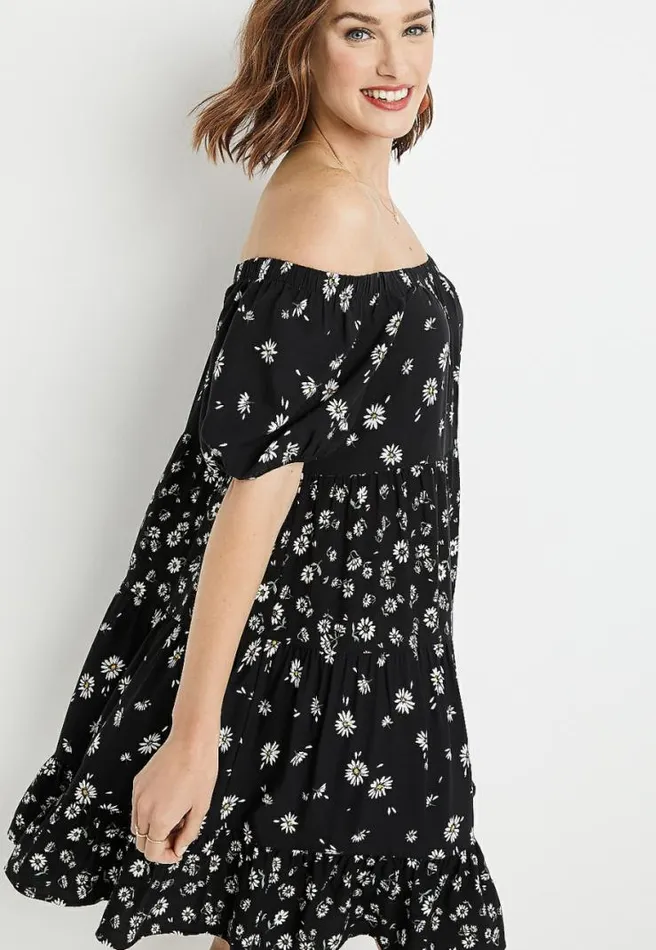 Black Daisy Off The Shoulder Babydoll Dress Women Maurices Dresses and Jumpsuits