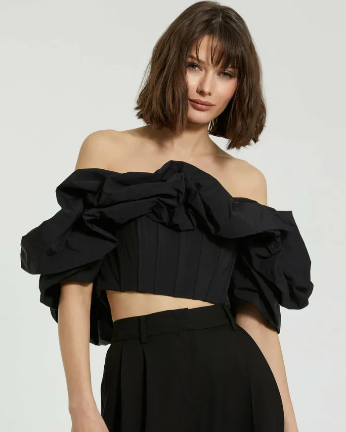 Black Faille Off The Shoulder Bustier Ruffle Top 8211 FINAL SALE Black Blouses and Tops Mac Duggal Women Black Faille Off The Shoulder Bustier Ruffle Top 8211 FINAL SALE Black Blouses and Tops Mac Duggal Women