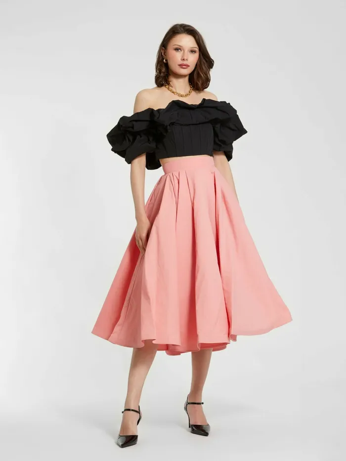 Black Faille Off The Shoulder Bustier Ruffle Top 8211 FINAL SALE Black Blouses and Tops Mac Duggal Women