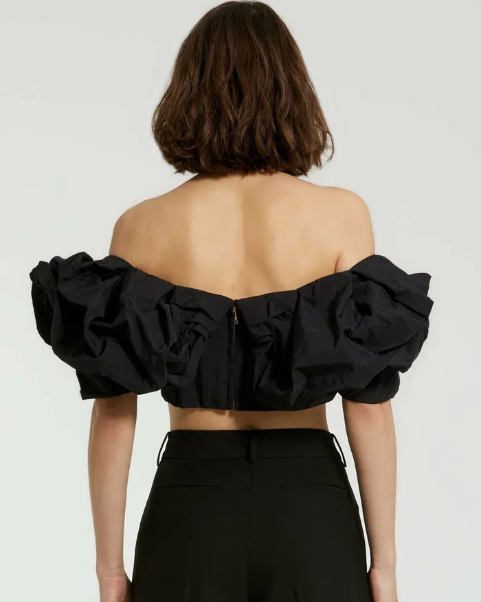 Black Faille Off The Shoulder Bustier Ruffle Top 8211 FINAL SALE Black Blouses and Tops Mac Duggal Women