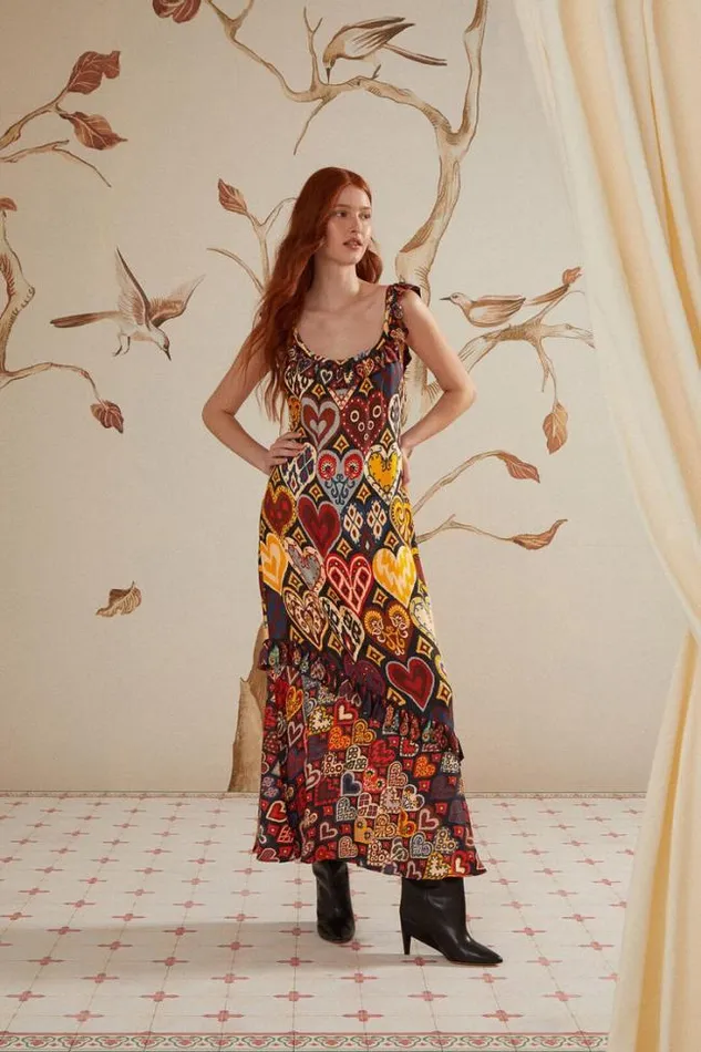 Black Hearts Ikat Lenzing Ecovero Viscose Maxi Dress Women FARM Rio Maxi Dresses
