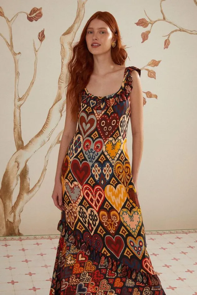 Black Hearts Ikat Lenzing Ecovero Viscose Maxi Dress Women FARM Rio Maxi Dresses