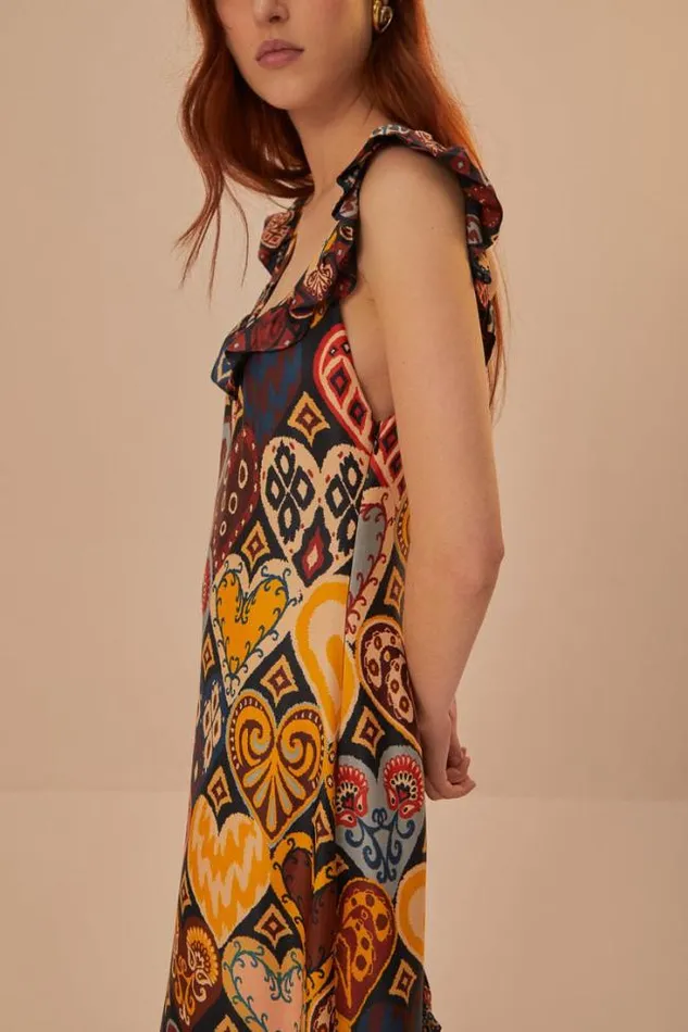 Black Hearts Ikat Lenzing Ecovero Viscose Maxi Dress Women FARM Rio Maxi Dresses