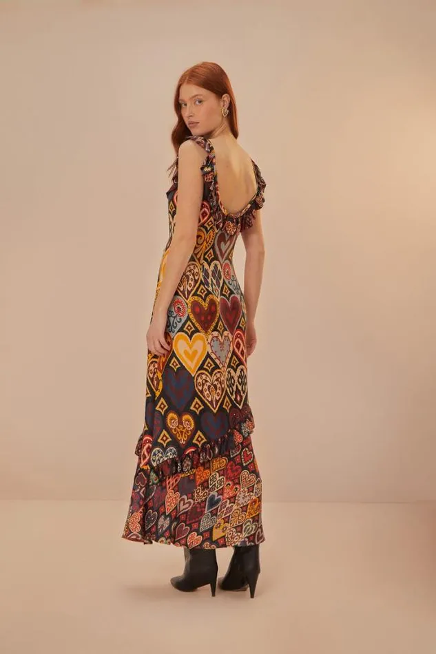 Black Hearts Ikat Lenzing Ecovero Viscose Maxi Dress Women FARM Rio Maxi Dresses