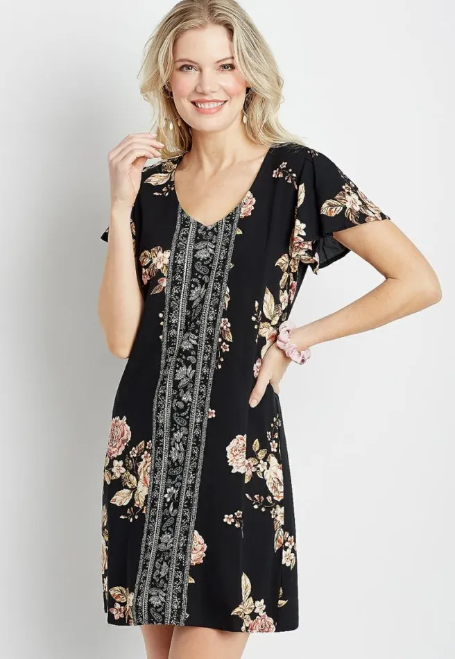 Black Mix Floral Flutter Sleeve Mini Shift Dress Women Maurices Dresses and Jumpsuits