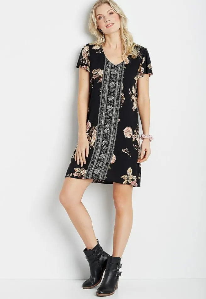 Black Mix Floral Flutter Sleeve Mini Shift Dress Women Maurices Dresses and Jumpsuits