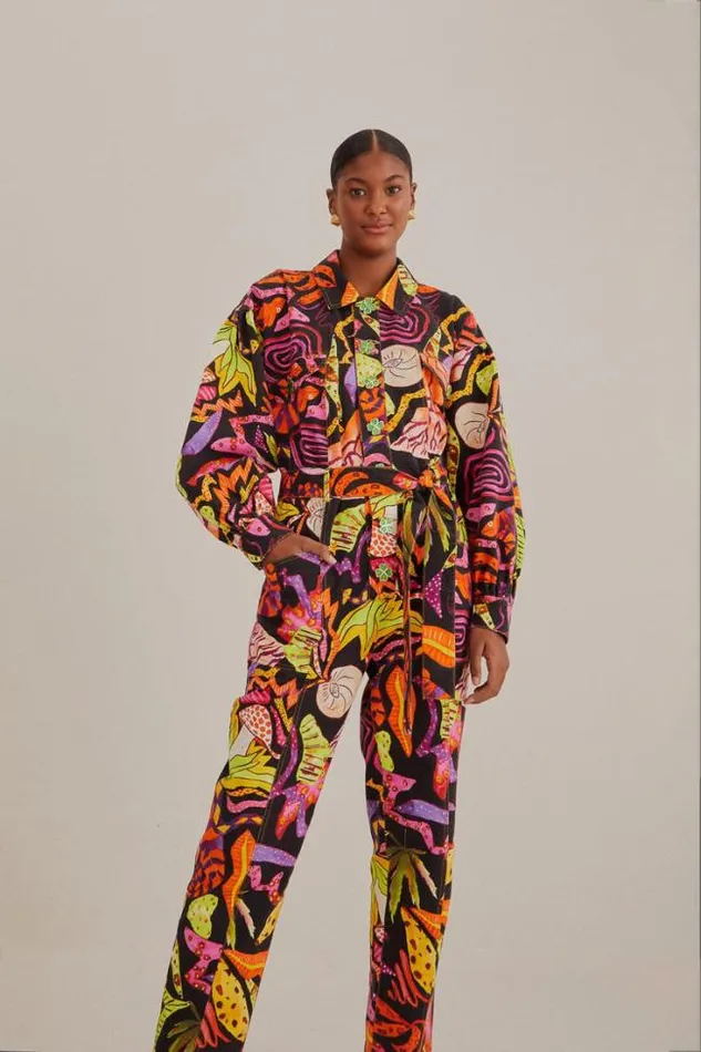 Black Psychedelic Garden Jumpsuit Women FARM Rio Midi Dresses