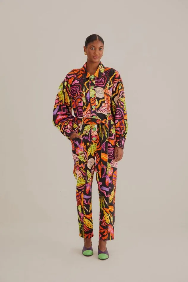 Black Psychedelic Garden Jumpsuit Women FARM Rio Midi Dresses