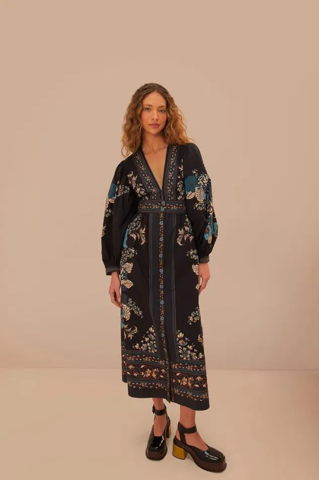 Blossom Tapestry Black Midi Dress Women FARM Rio Midi Dresses