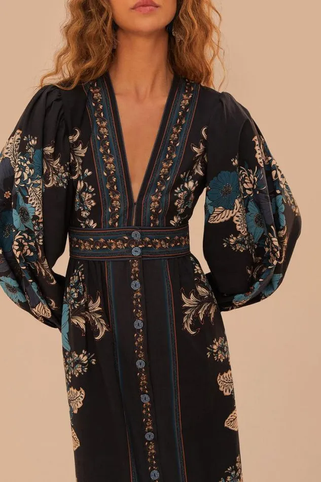 Blossom Tapestry Black Midi Dress Women FARM Rio Midi Dresses