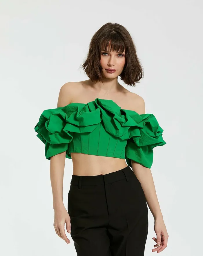 Blouses and Tops Mac Duggal Women Green Faille Off The Shoulder Bustier Ruffle Top 8211 FINAL SALE Spring Green Blouses and Tops Mac Duggal Women Green Faille Off The Shoulder Bustier Ruffle Top 8211 FINAL SALE Spring Green