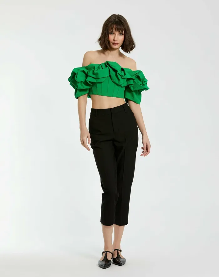 Blouses and Tops Mac Duggal Women Green Faille Off The Shoulder Bustier Ruffle Top 8211 FINAL SALE Spring Green