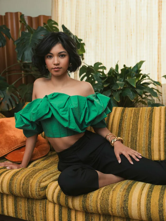 Blouses and Tops Mac Duggal Women Green Faille Off The Shoulder Bustier Ruffle Top 8211 FINAL SALE Spring Green