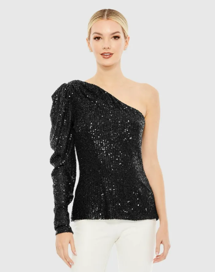 Blouses and Tops Mac Duggal Women One Shoulder Puff Sleeve Sequin Top 8211 FINAL SALE Black