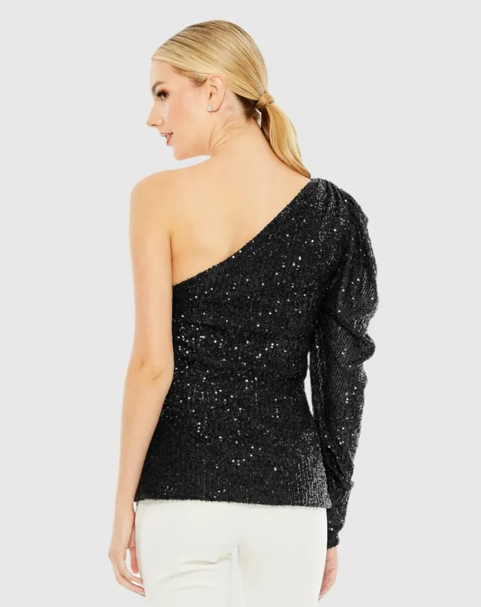 Blouses and Tops Mac Duggal Women One Shoulder Puff Sleeve Sequin Top 8211 FINAL SALE Black
