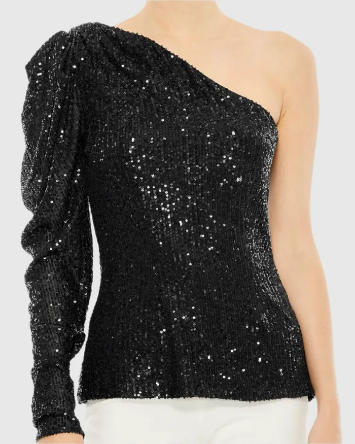 Blouses and Tops Mac Duggal Women One Shoulder Puff Sleeve Sequin Top 8211 FINAL SALE Black