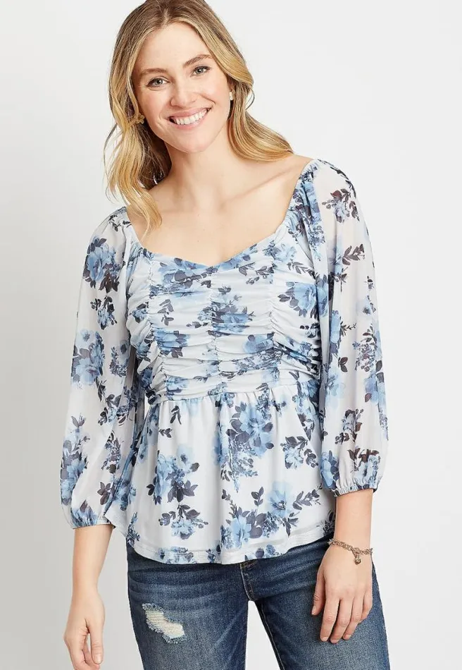 Blue Floral Mesh Ruched Sweetheart Top Women Maurices Tops