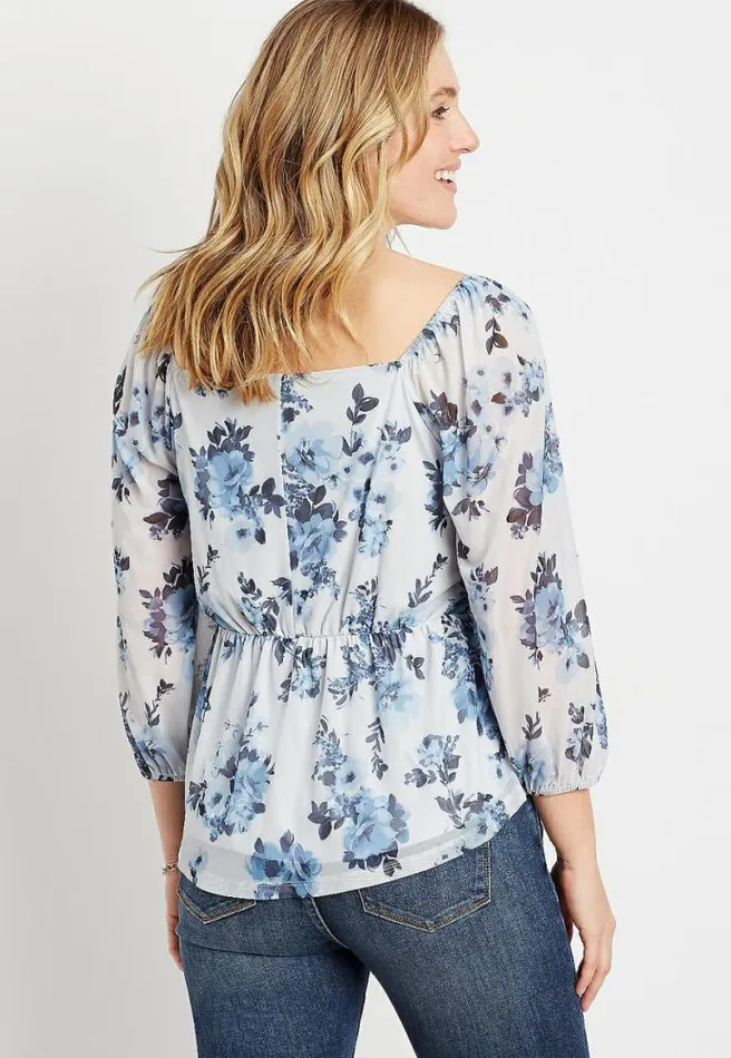 Blue Floral Mesh Ruched Sweetheart Top Women Maurices Tops