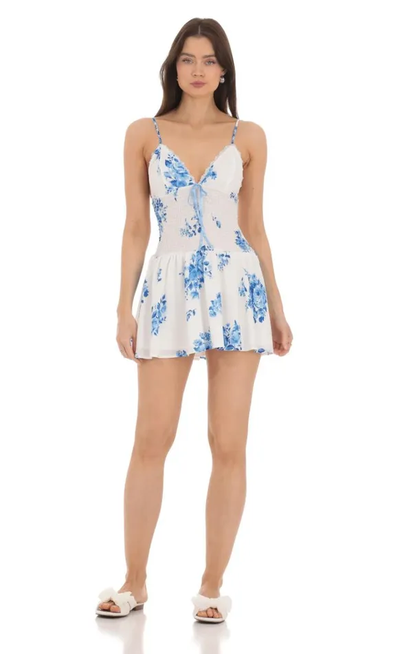 Blue Floral Smocked Ruffle Dress White Women LUCY IN THE SKY Mini Dresses