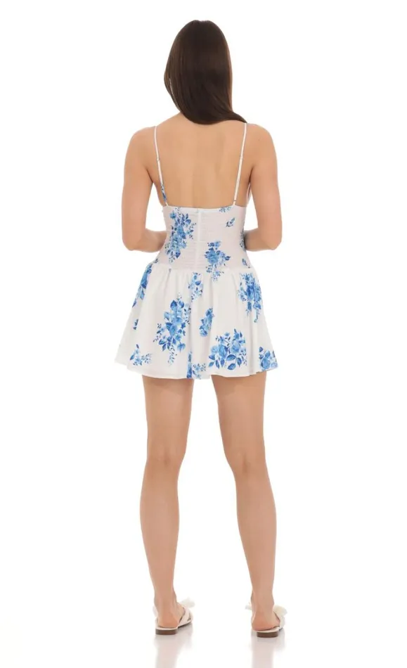 Blue Floral Smocked Ruffle Dress White Women LUCY IN THE SKY Mini Dresses Blue Floral Smocked Ruffle Dress White Women LUCY IN THE SKY Mini Dresses