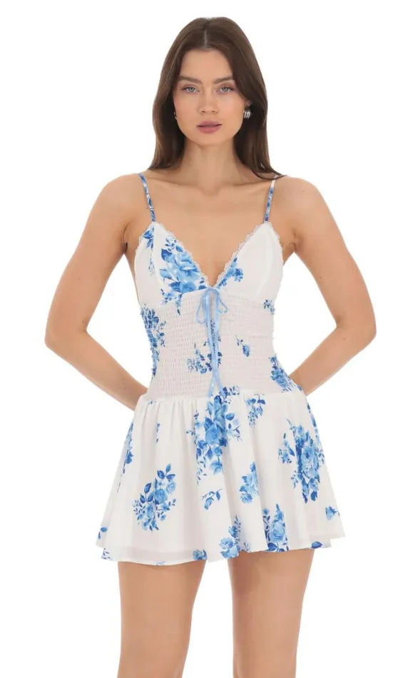 Blue Floral Smocked Ruffle Dress White Women LUCY IN THE SKY Mini Dresses Blue Floral Smocked Ruffle Dress White Women LUCY IN THE SKY Mini Dresses