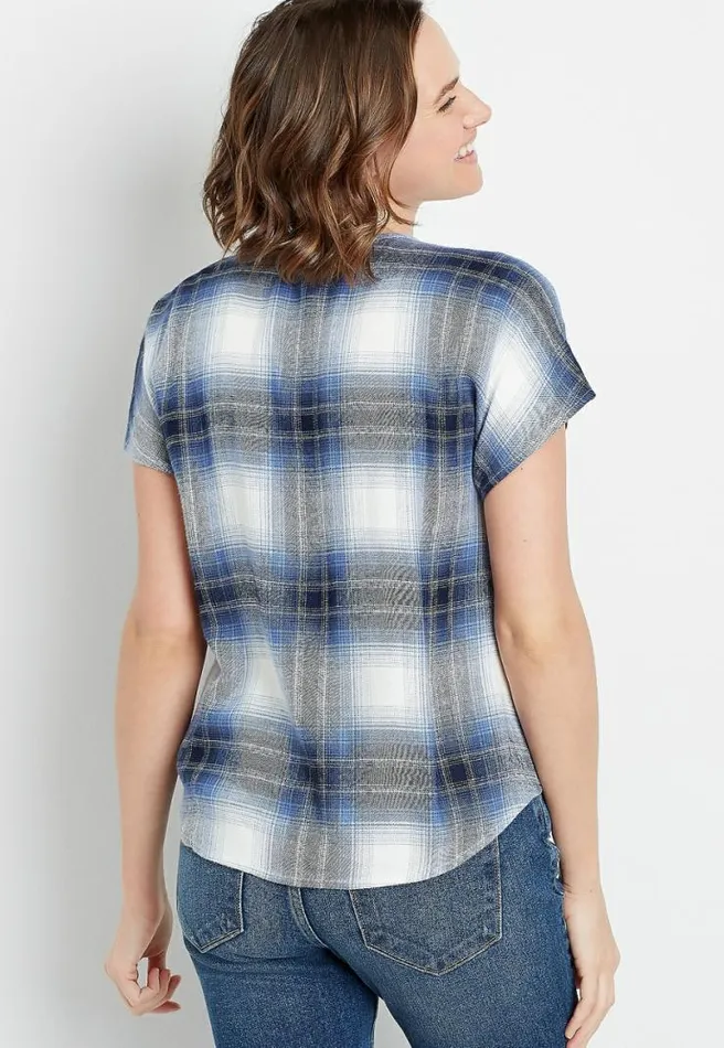 Blue Plaid Short Sleeve Button Down Shirt Women Maurices Tops