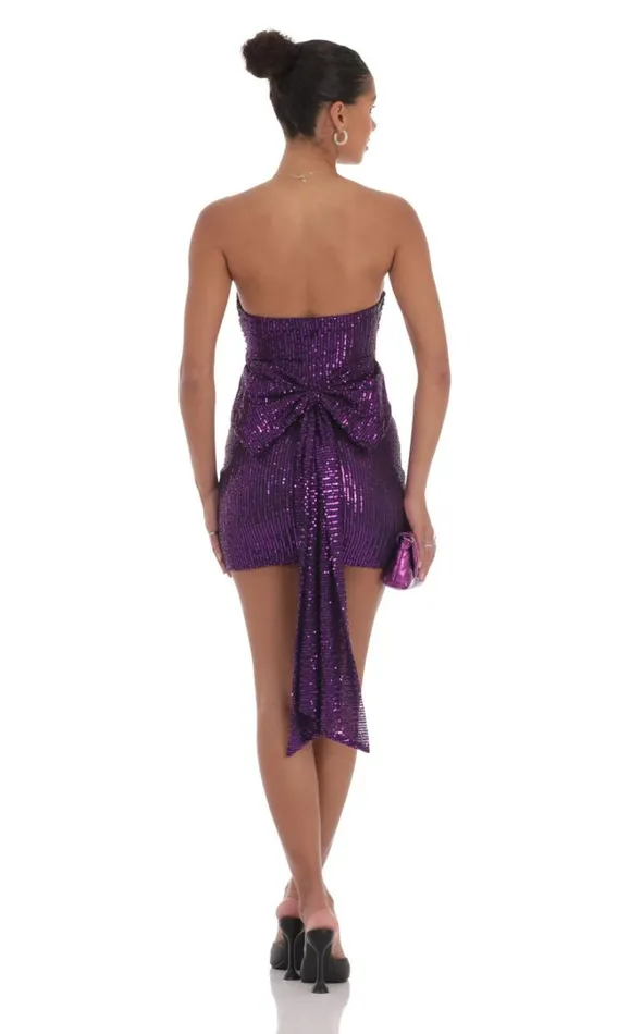 Bow Draped Sequin Dress Purple Women LUCY IN THE SKY Mini Dresses