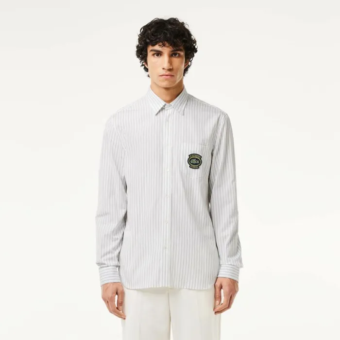 Button Down Shirts Men Lacoste Men039s Logo Badge Striped Shirt White Beige Iqi