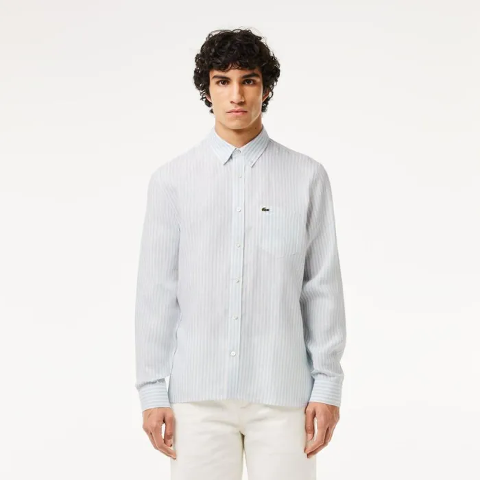 Button Down Shirts Men Lacoste Men039s Regular Fit Linen Shirt Blue White E7b