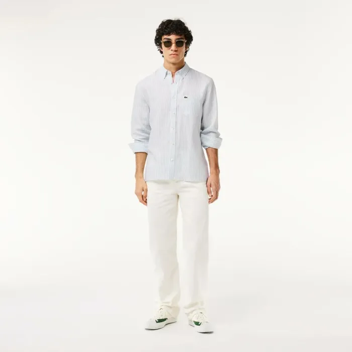 Button Down Shirts Men Lacoste Men039s Regular Fit Linen Shirt Blue White E7b