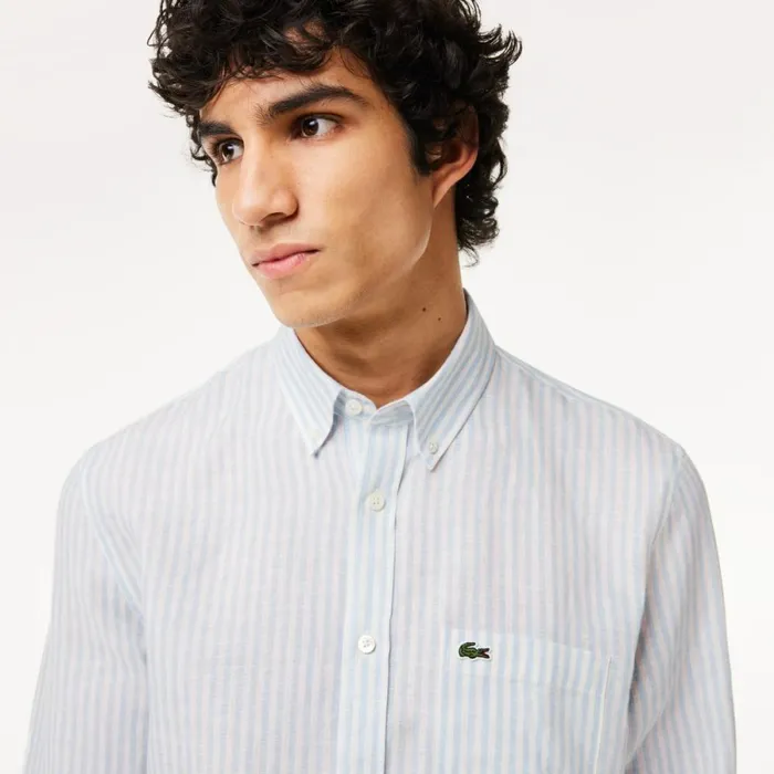 Button Down Shirts Men Lacoste Men039s Regular Fit Linen Shirt Blue White E7b