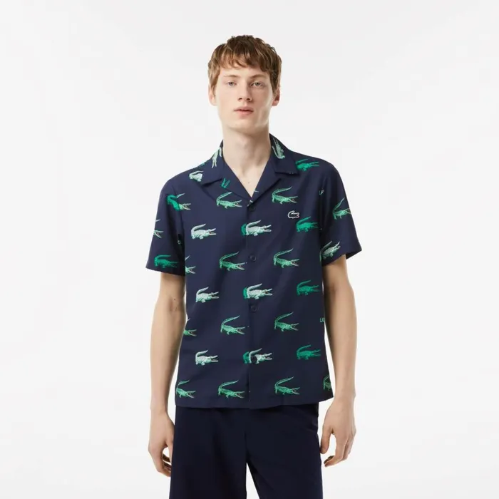 Button Down Shirts Men Lacoste Mens Printed ShortSleeved Golf Shirt Navy Blue 166