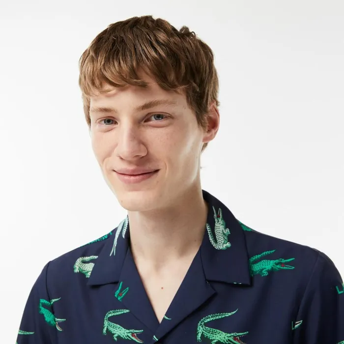 Button Down Shirts Men Lacoste Mens Printed ShortSleeved Golf Shirt Navy Blue 166